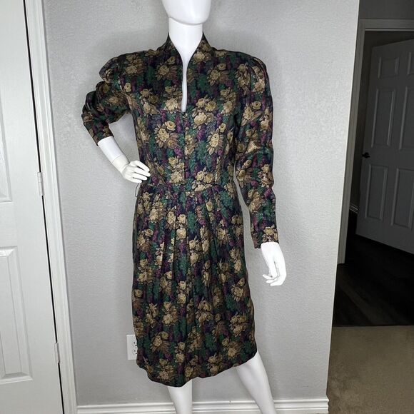 Vtg 80s Liz Claiborne Size 10 Floral Button Up Puff Sleeve Cottage Midi Dress - Picture 2 of 11